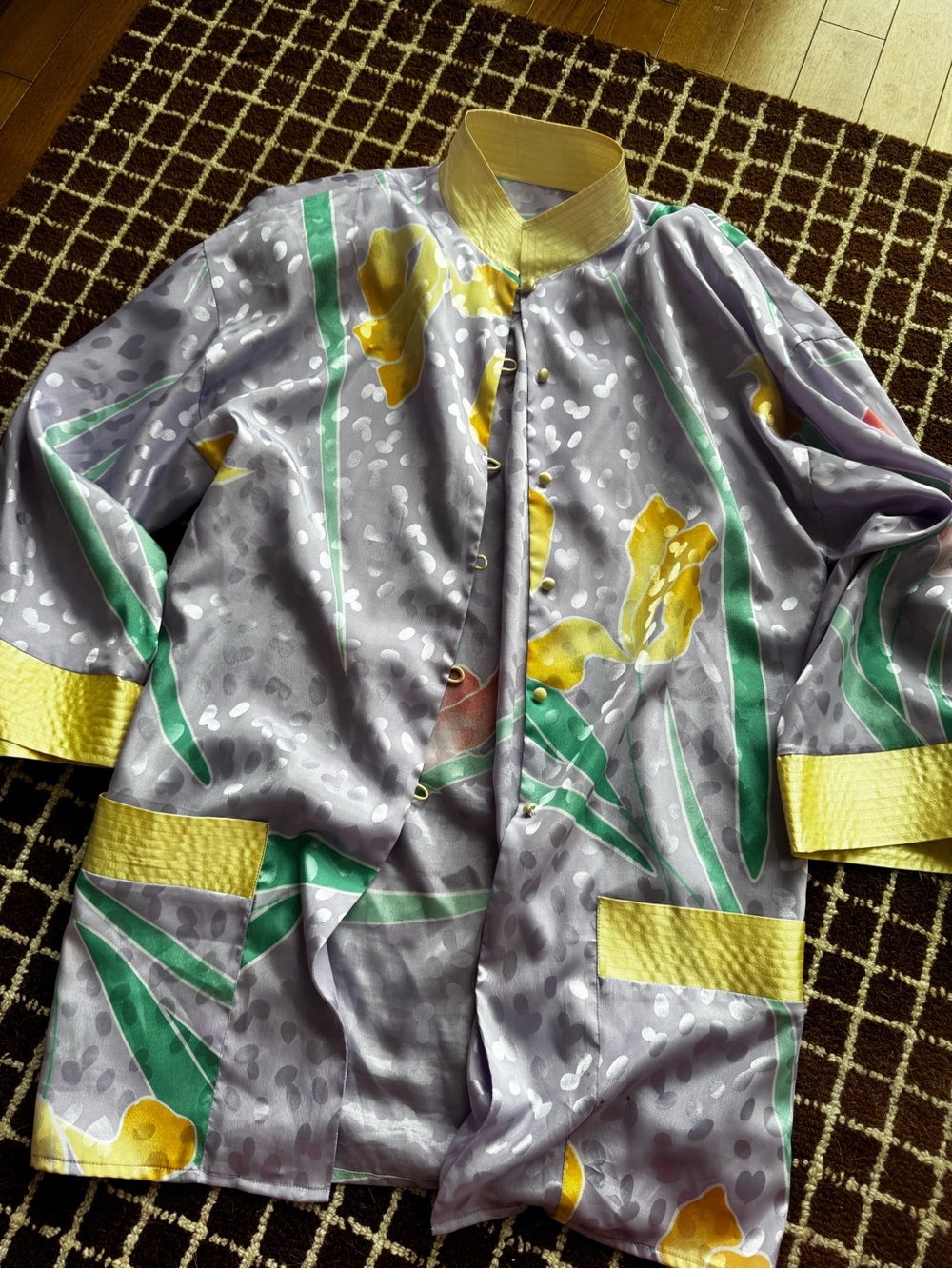 Flora Kung Vintage Silk Robe Jacket Lavender Floral Yellow Trim S
